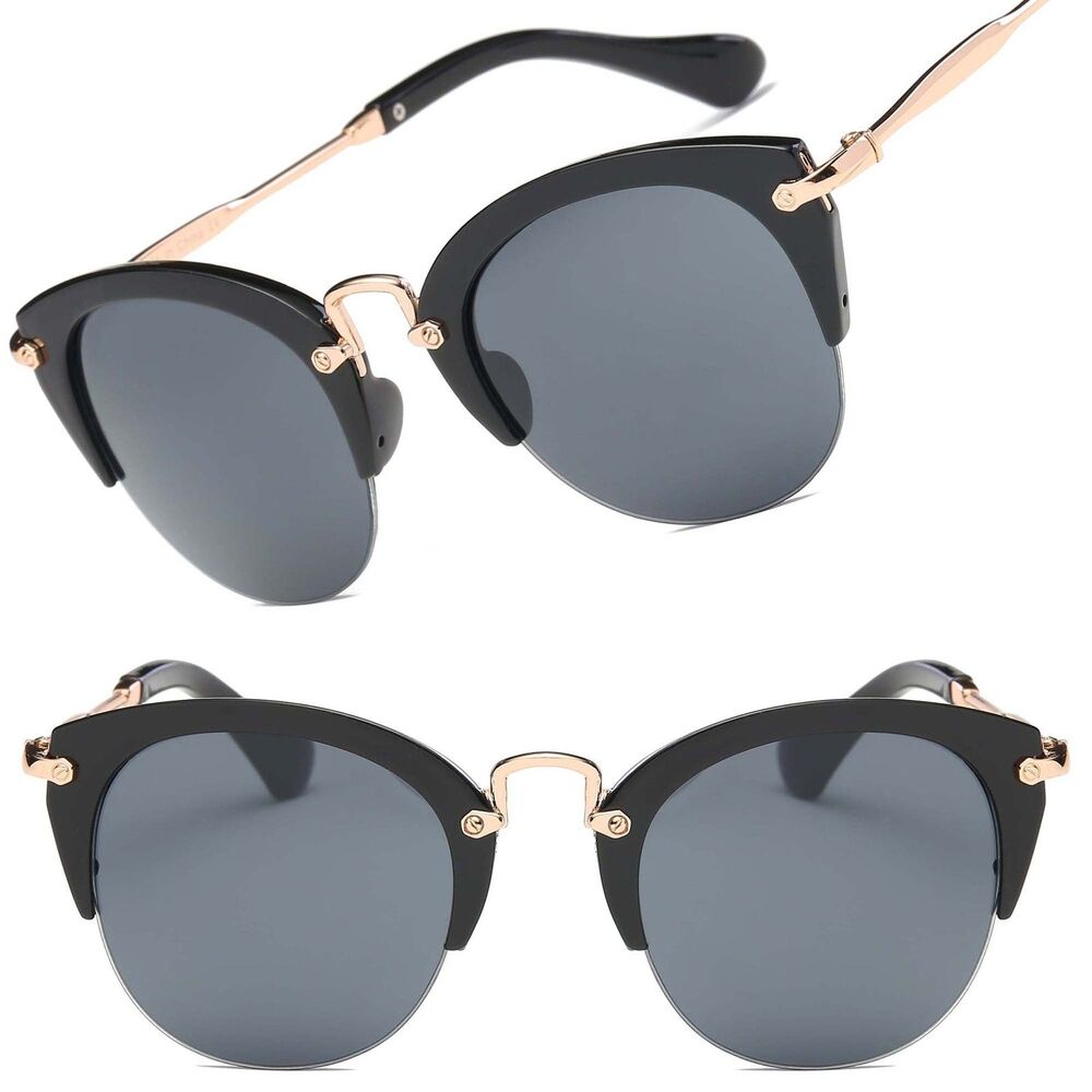 Retro Classic Half Frame Womens Black Cat Eye Sunglasses
